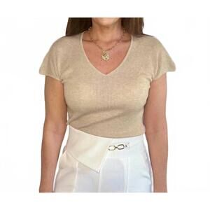 NEW INA FASHION v neck cap sleeves ribbed knit top in beige